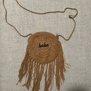 Tan Crochet Fringe Bag